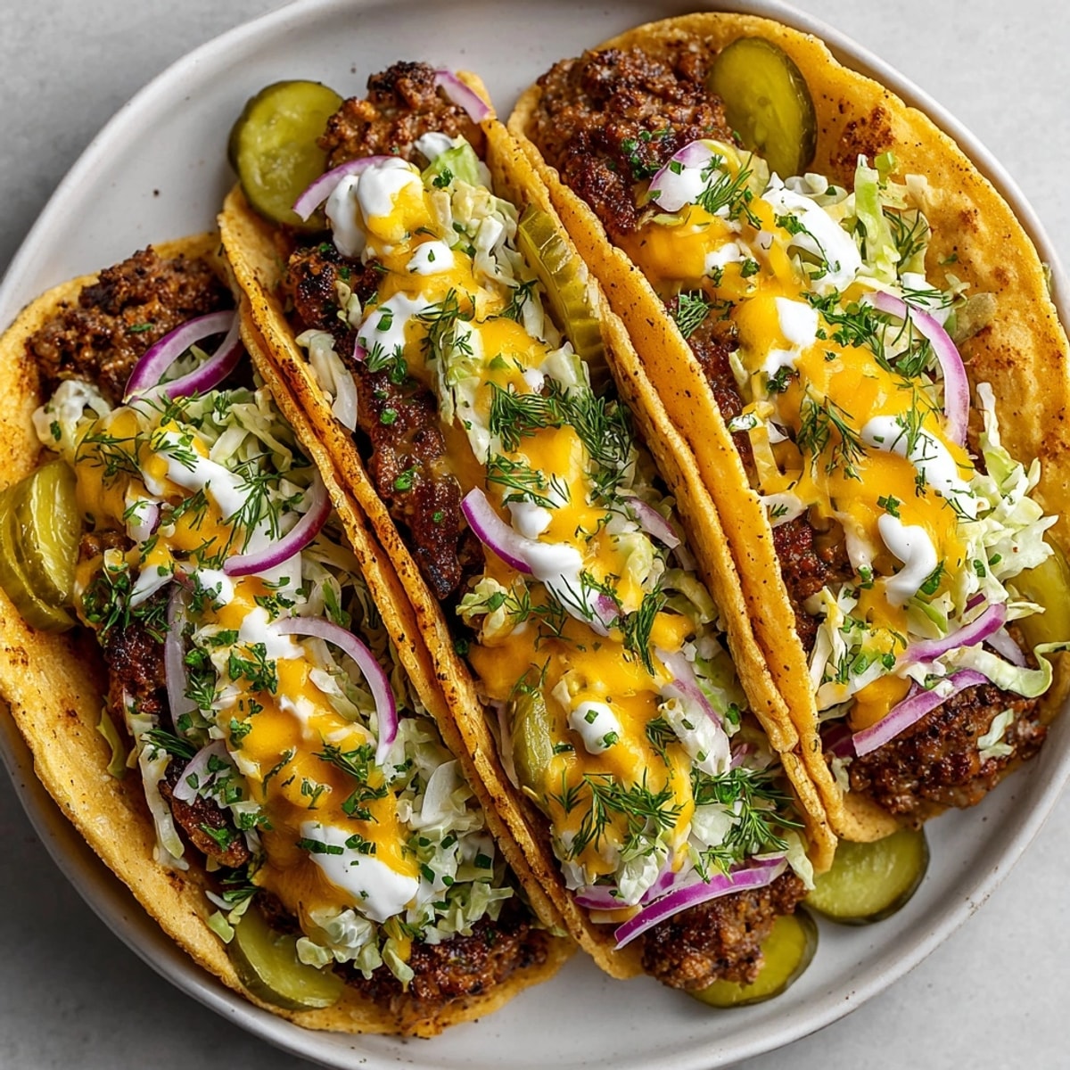Close-up of a flavorful Pickle-Fix Smash Burger Taco with layers of beef, sauce, and pickles served.