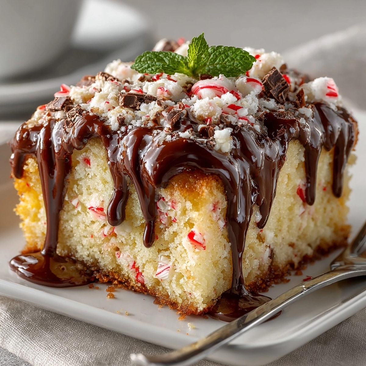 Chaos Cake Candy Cane Crunch Sheet Cake, drizzled with fudge, shows festive holiday dessert perfection.