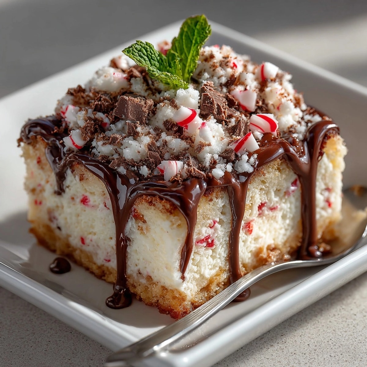 A close-up of the delicious Chaos Cake Candy Cane Crunch Sheet Cake, boasting a rich chocolate fudge swirl.
