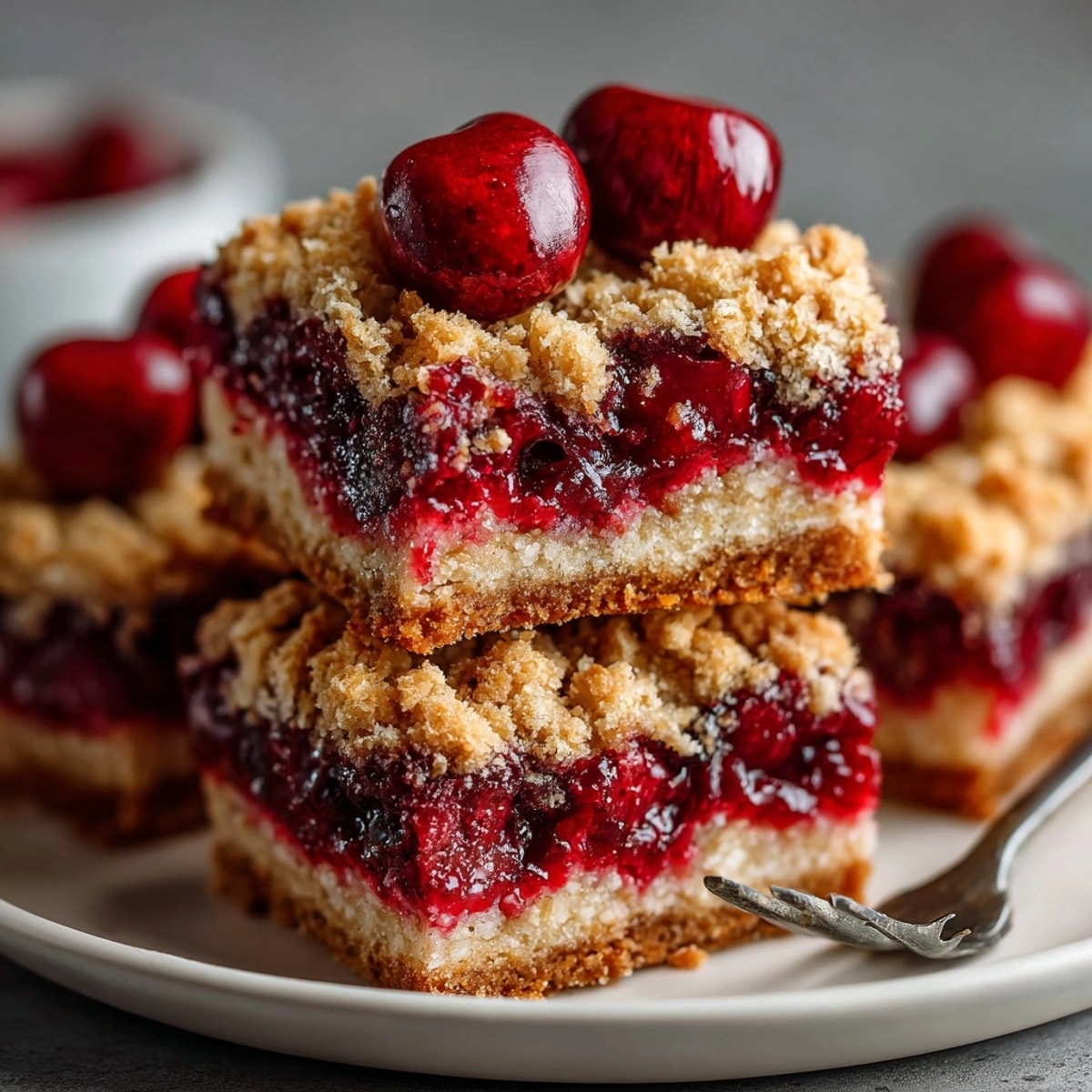 Golden-brown Cherry-Coded Sour Cherry Oat Crumble Bars offer a sweet, tart, and oat-filled dessert.