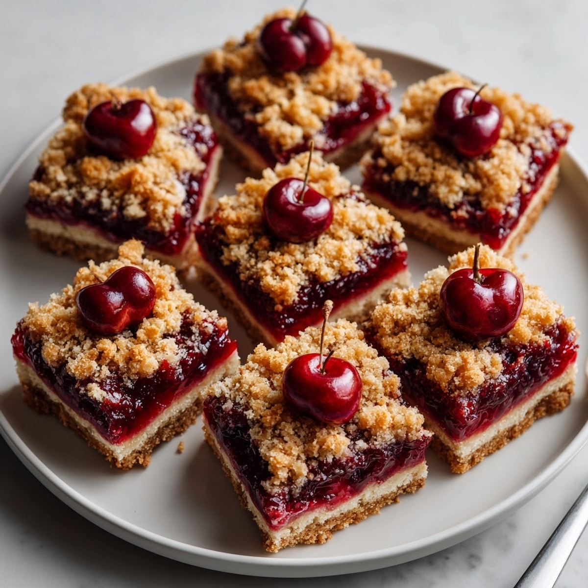 Buttery crumble topping covers the juicy cherry filling in these inviting Cherry-Coded Sour Cherry Oat Crumble Bars.