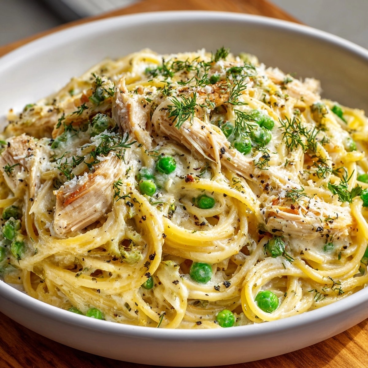 Steaming hot One-Pot Pickle-Fix Chicken Tetrazzini with peas, a creamy, comforting, and flavorful dinner.