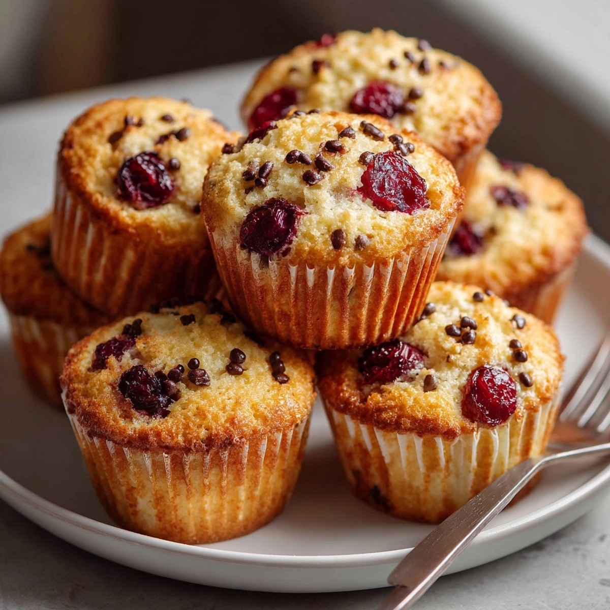 Golden-brown Cherry-Chip Pancake Muffins, tenderly dotted with chocolate, ready to be devoured and enjoyed.