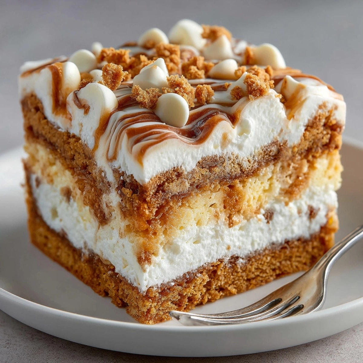 Chewy Chaos Cake Ginger Snap Blondies featuring chunks of ginger snaps and melted white chocolate.