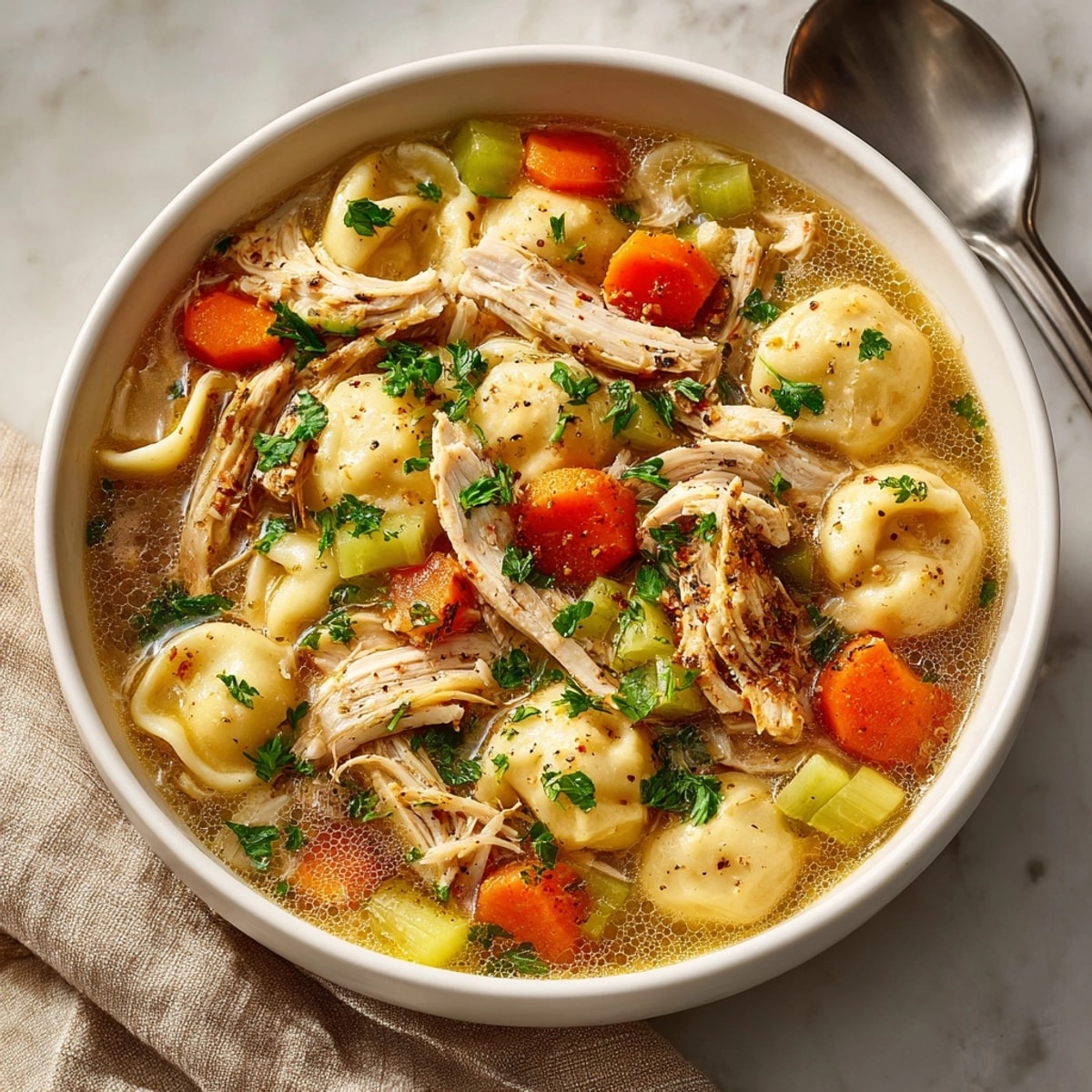 Tender chicken swims in a broth with pickle flavor, a flavorful One-Pot Pickle-Fix Chicken and Dumpling Noodles photo.