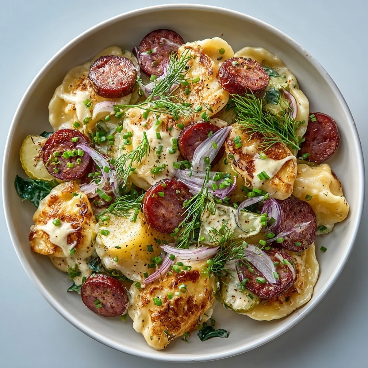 Enjoy the flavorful description of the Pickle-Fix Dill Pickle Potato Pierogi Skillet, featuring sausage and pierogi mingling with tangy pickle coins.