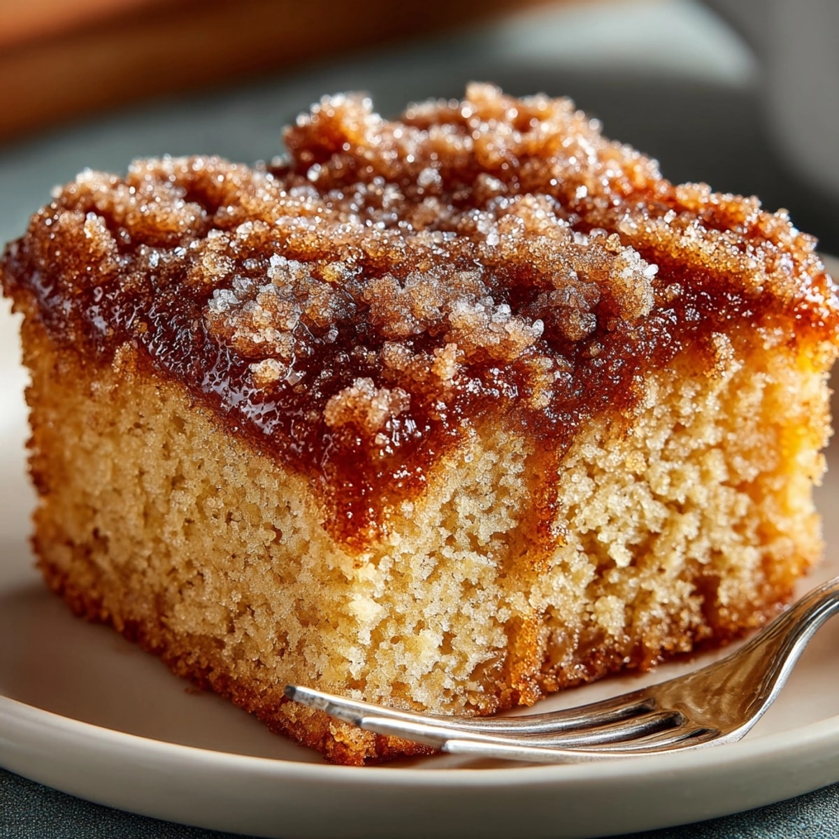 Moist Chaos Cake Apple Cider Donut Sheet, topped with cinnamon sugar rubble, ready to serve.