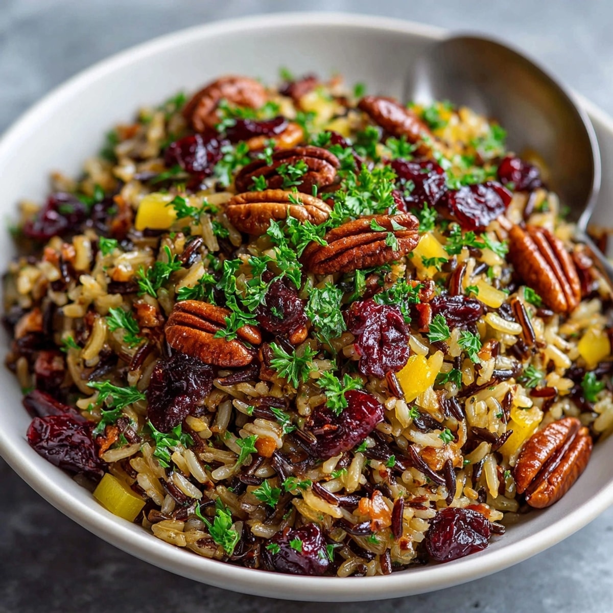 Steaming bowl of Cherry Pecan Wild Rice Pilaf with plump cherries and toasted pecans.