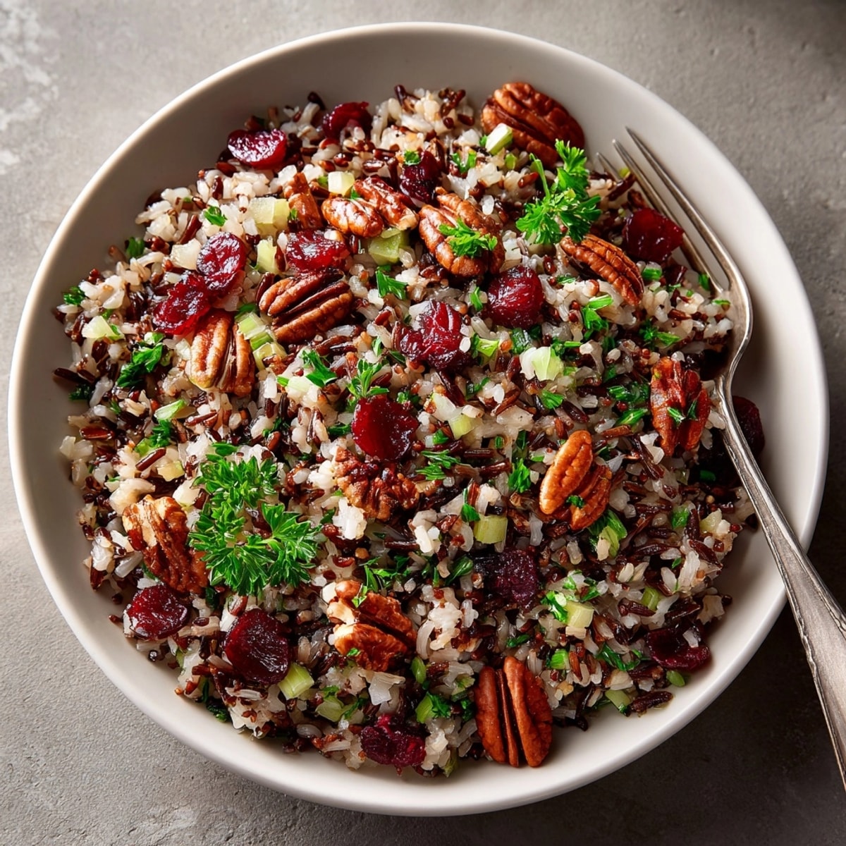 Savory Cherry Pecan Wild Rice Pilaf with herbs and a delightful nutty crunch ready to serve.
