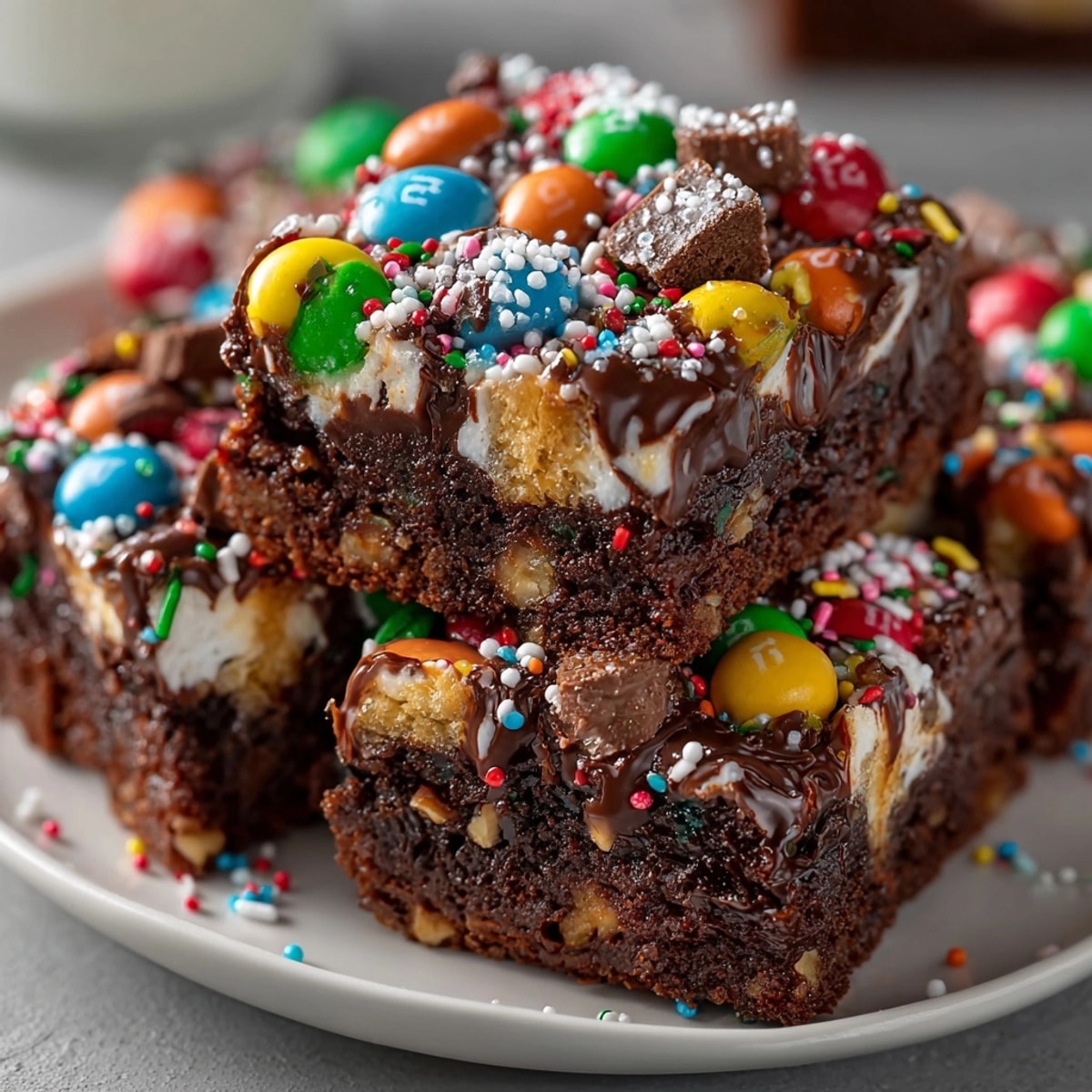 Rich, fudgy Chaos Cake M&M Holiday Brownie Slab Mess with colorful candies and melted marshmallows.
