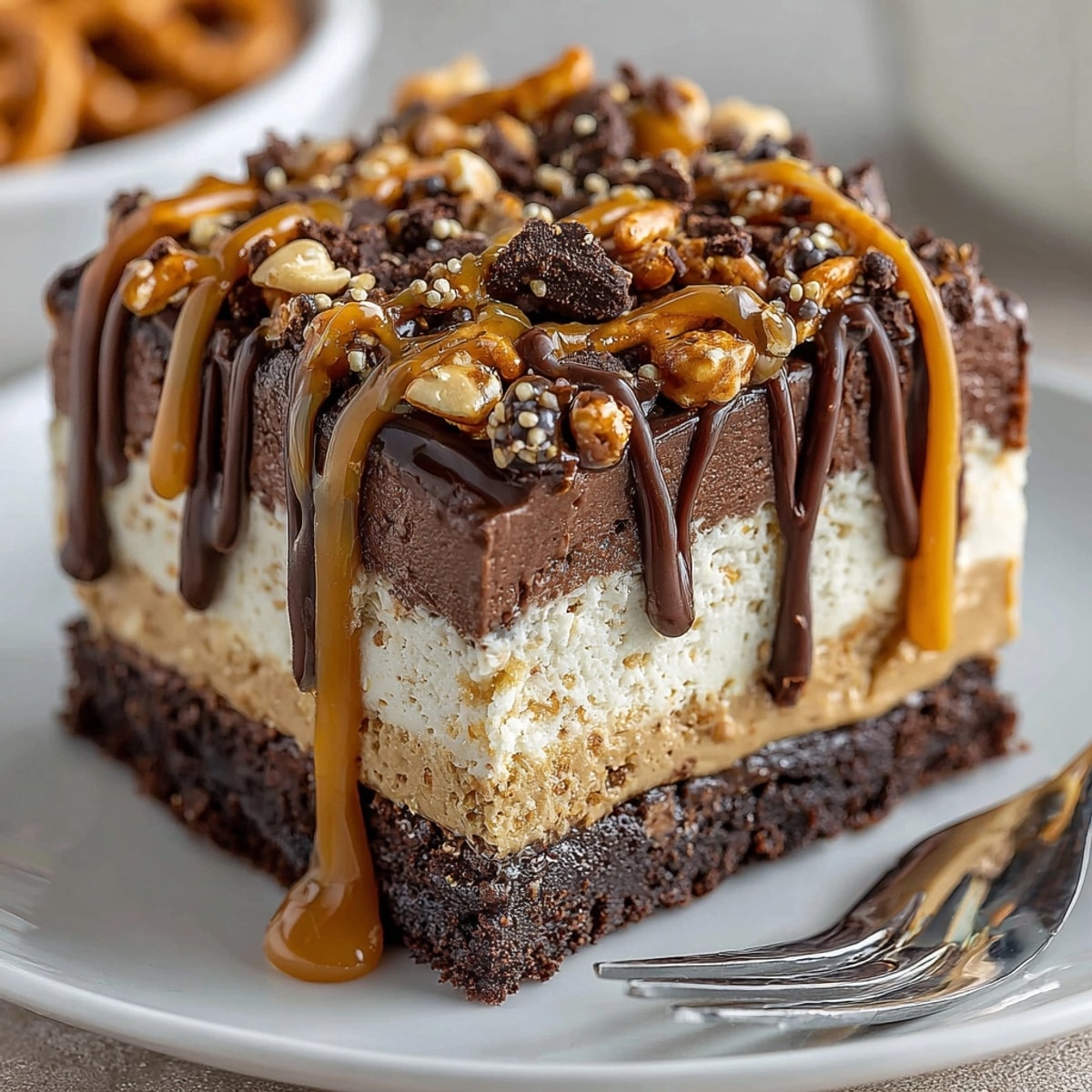 Decadent, layered Chaos Cake Peanut Butter Pretzel Bar Tangle: a visual delight with chocolate, peanut butter, and pretzels.