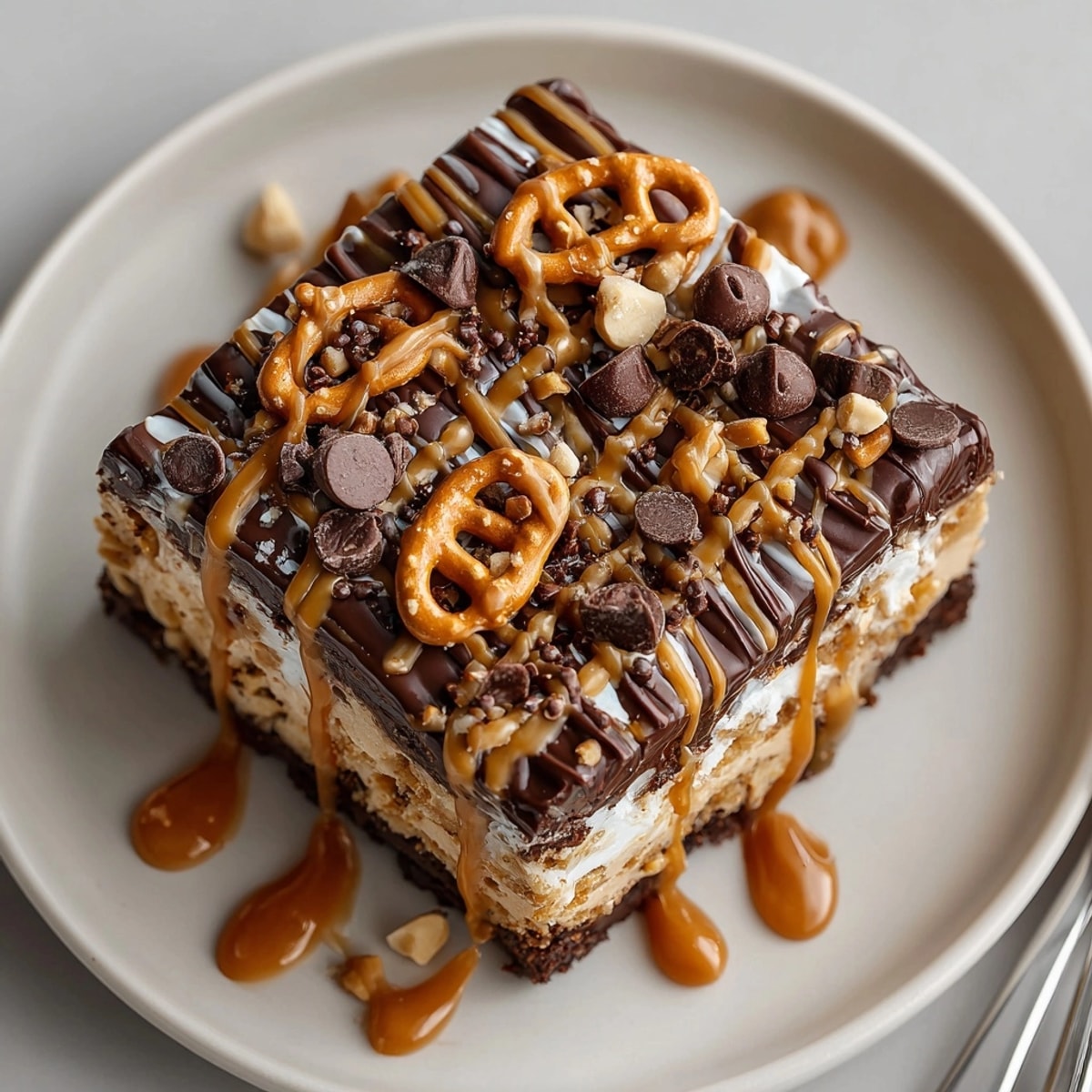 This image shows a finished Chaos Cake Peanut Butter Pretzel Bar Tangle, ready to serve: sweet, salty, and so delicious.