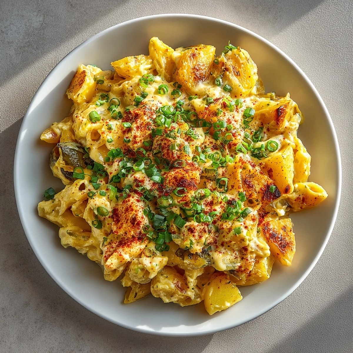 Golden, cheesy Pickle and Cheddar Loaded Potato Pasta with a sprinkle of green onions, delicious!