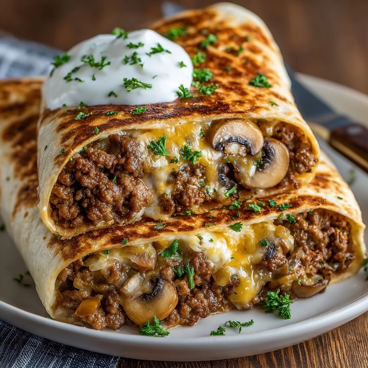 Budget Beef Stroganoff Comfort Wraps: A warm tortilla filled with creamy beef and mushroom goodness.