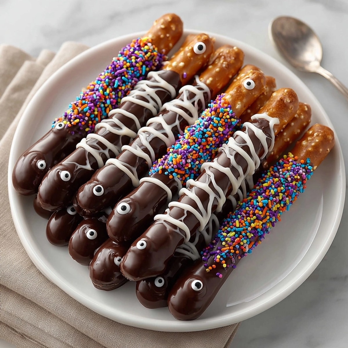 These festive Spooky Spider Leg chocolate pretzel wraps show dark chocolate dipped pretzels creatively for kids.