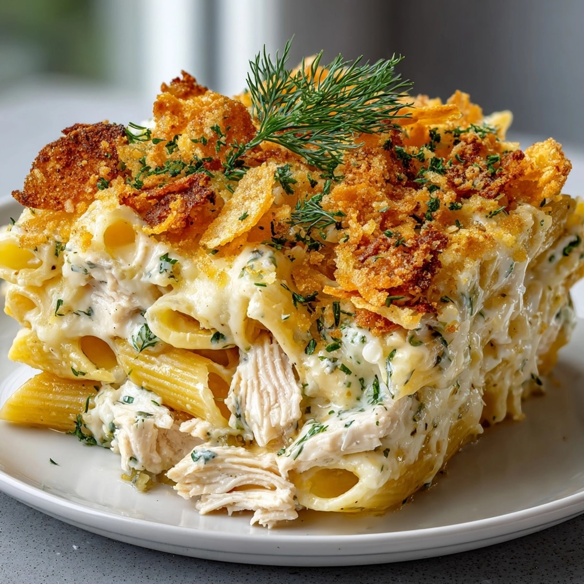 Golden-brown pickle chip crusted chicken pasta bake, a creamy, comforting American casserole.