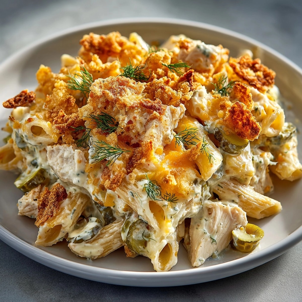 Bubbling hot pickle chip crusted chicken pasta bake, with a crispy, crunchy potato chip topping.