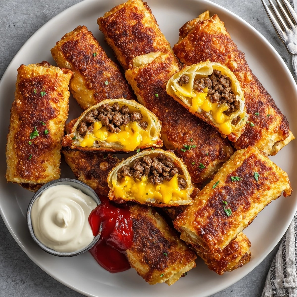 Imagine the satisfying crunch: hot Cheeseburger Egg Rolls with melted cheese, ready to be enjoyed.