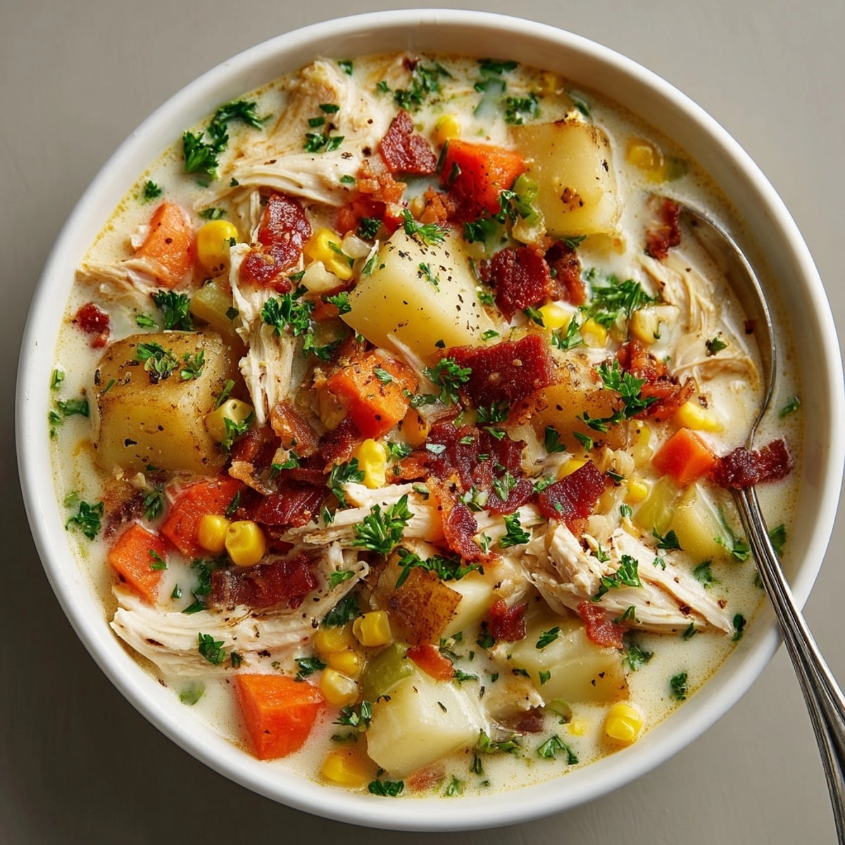 A close-up showcasing the rich, yellow color of this hearty Creamy Chicken and Corn Chowder.