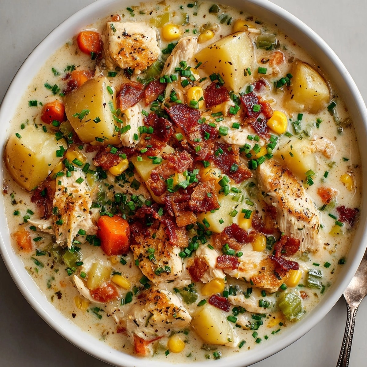 Thick and creamy, a spoon scoops up delicious Creamy Chicken and Corn Chowder, ready to serve.