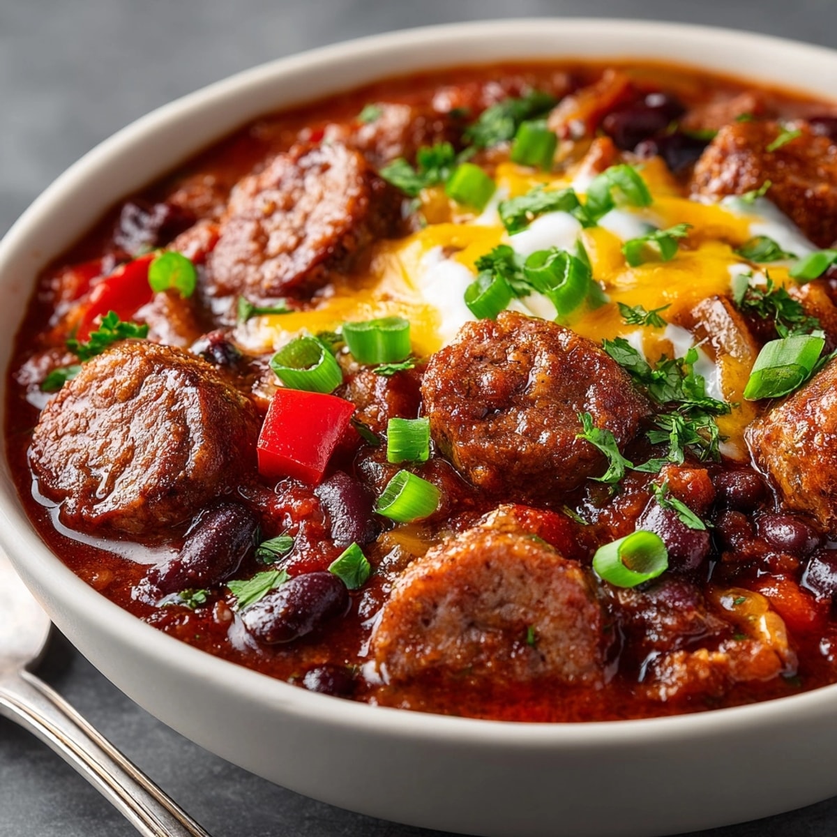 Steaming bowl of Sausage and Bean Chili, a delicious blend of flavors topped with fresh cilantro.