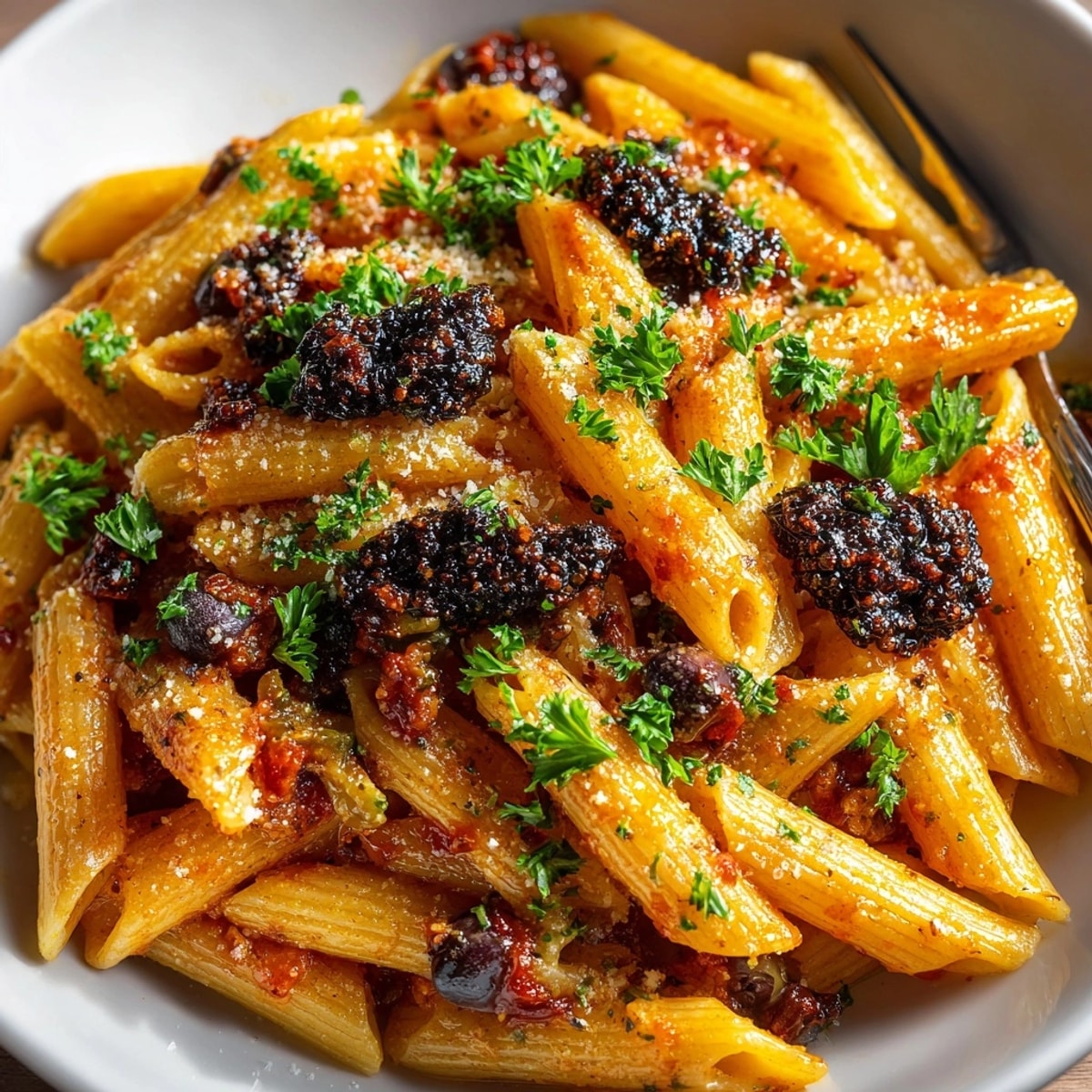 Lentil Pasta Puttanesca topped with olive tapenade, a colorful and delicious vegetarian Italian dish.