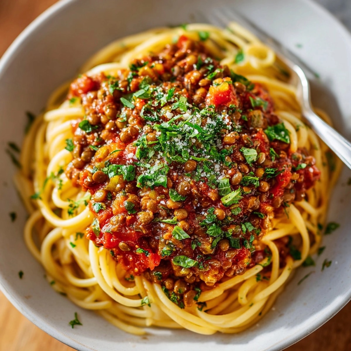 Steaming, flavorful Lentil Bolognese served in a pasta bowl, a rich and hearty vegetarian meal option.