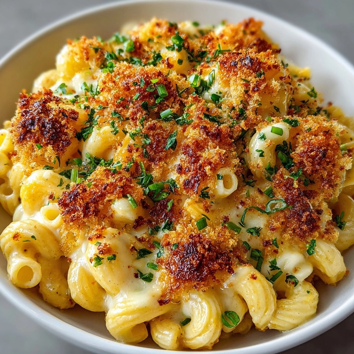 Creamy Katsu Curry Mac and Cheese with a golden, crispy panko crust, ready to serve.