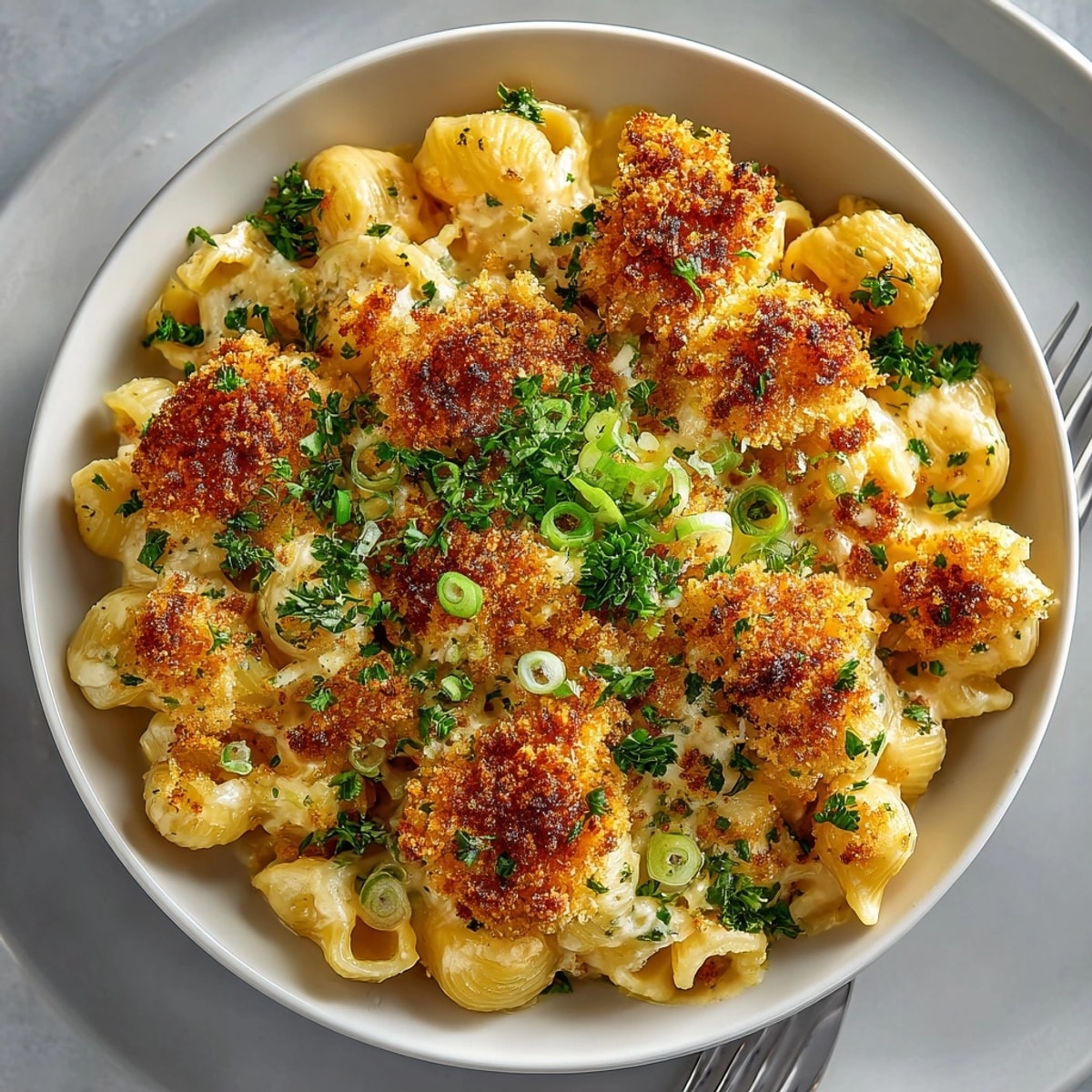 A close-up of bubbling Katsu Curry Mac and Cheese, showing textures of creamy pasta and crunchy topping.