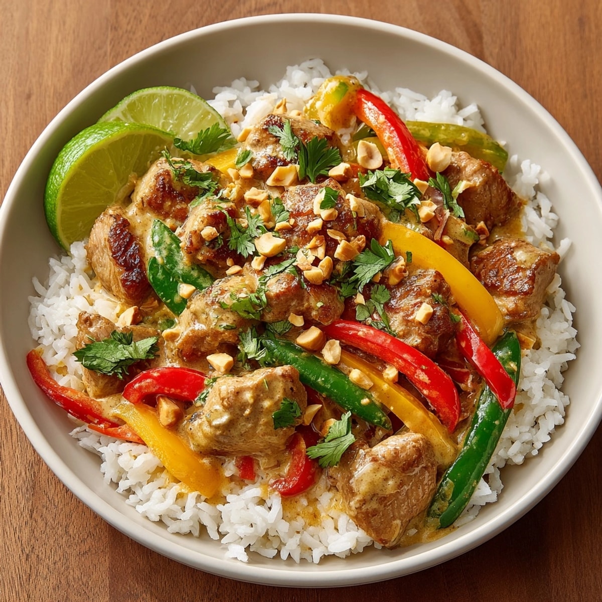 Creamy Thai Peanut Chicken Curry served in a bowl with colorful vegetables and jasmine rice.