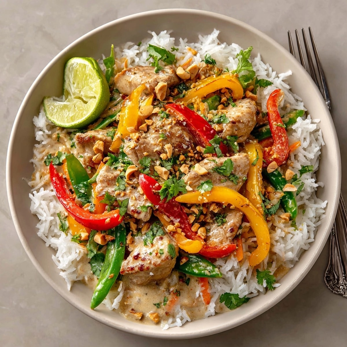 Vibrant Thai Peanut Chicken Curry in a skillet, showcasing tender chicken in silky peanut sauce.