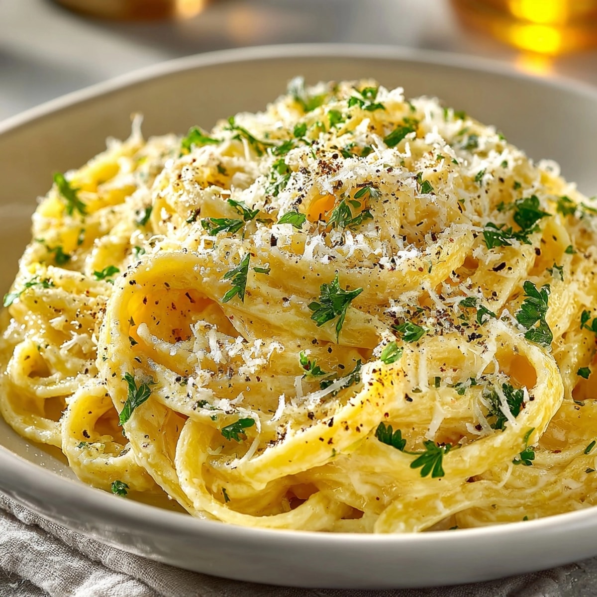 Creamy garlic butter Parmesan noodles glisten with melted cheese and fresh parsley garnish.