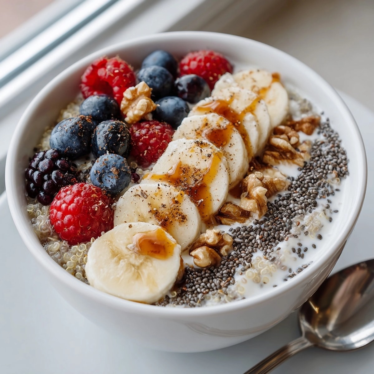 Colorful Protein-Rich Quinoa Breakfast Bowl topped with nuts, chia, hemp seeds, and drizzled honey, served in a rustic bowl.