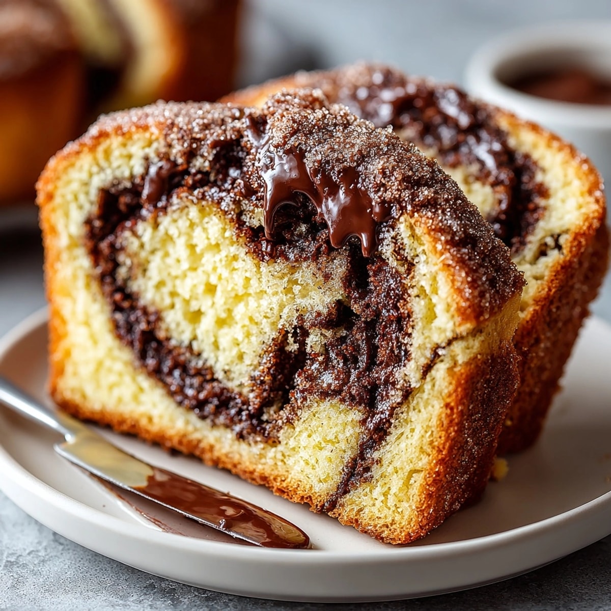 Freshly baked Chocolate Cinnamon Swirl Bread sliced on a wooden board, showing gooey chocolate ribbons inside.