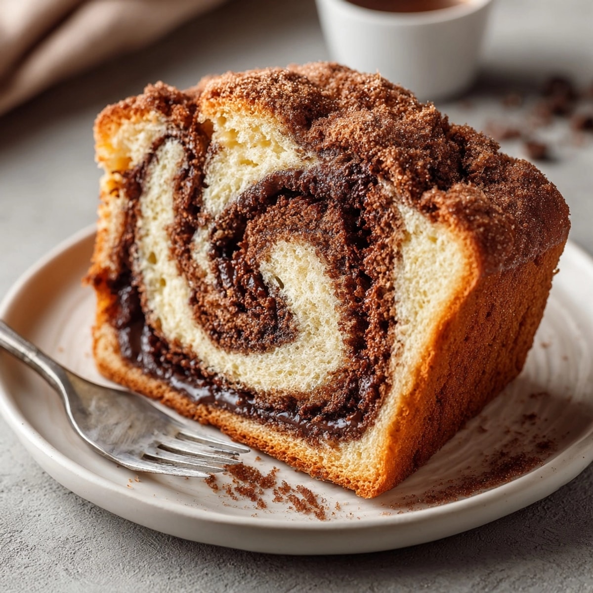 Chocolate Cinnamon Swirl Bread with visible swirled layers, ready to be enjoyed with a cup of coffee.