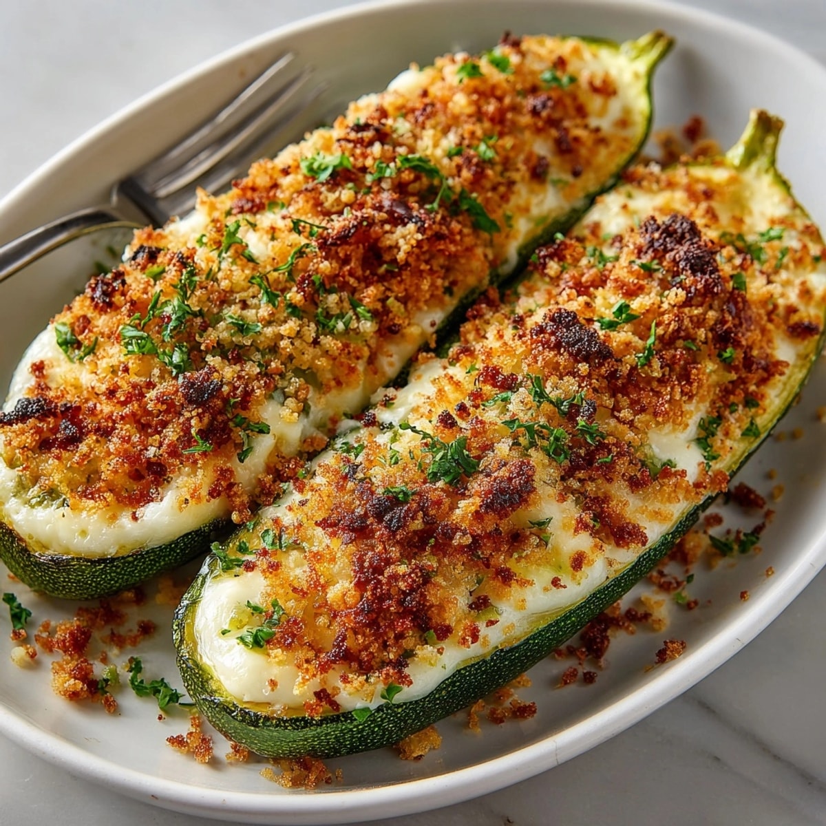 Stuffed Cheese Zucchini Boats baked until golden, with bubbling cheese and herb aroma.