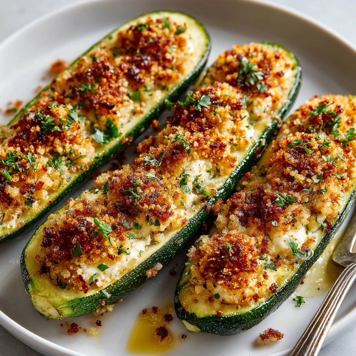 Cheesy Stuffed Zucchini Boats on a platter, crispy topping and fresh parsley garnish.
