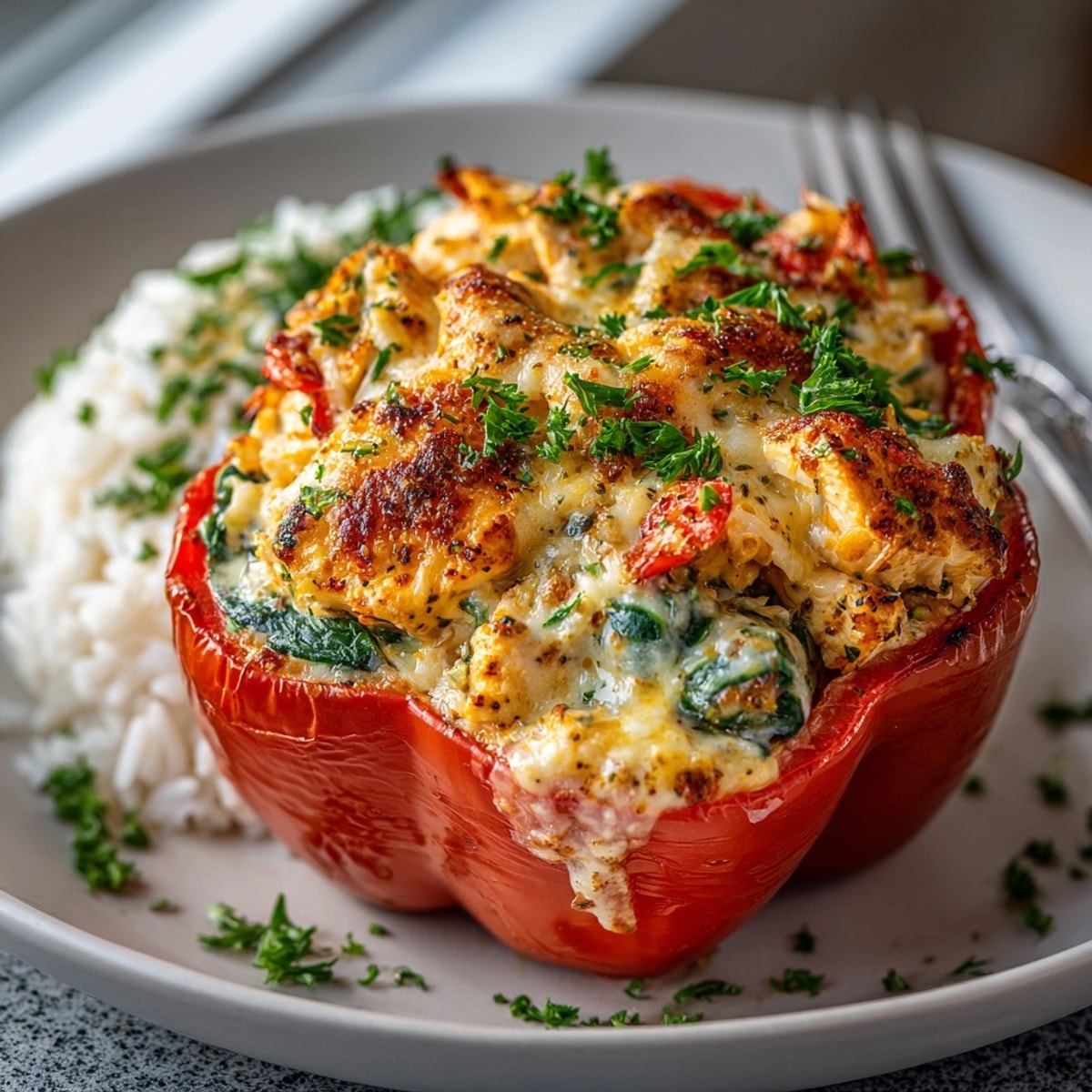 Chicken Alfredo Stuffed Peppers arranged in a baking dish, topped with golden melted cheese and fresh parsley.