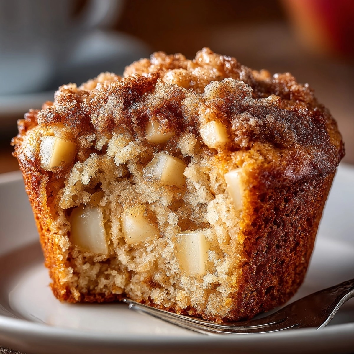 Cinnamon apple breakfast muffins with golden tops and apple chunks, fresh from the oven.