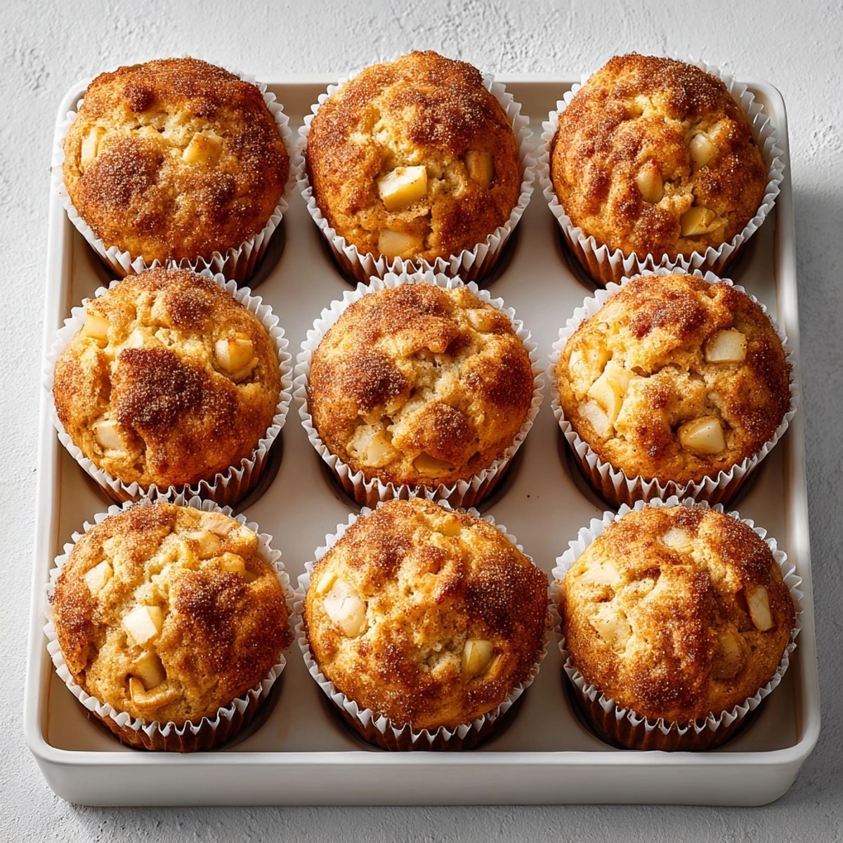 Fluffy cinnamon apple breakfast muffins sprinkled with crunchy sugar, ready to enjoy with coffee.