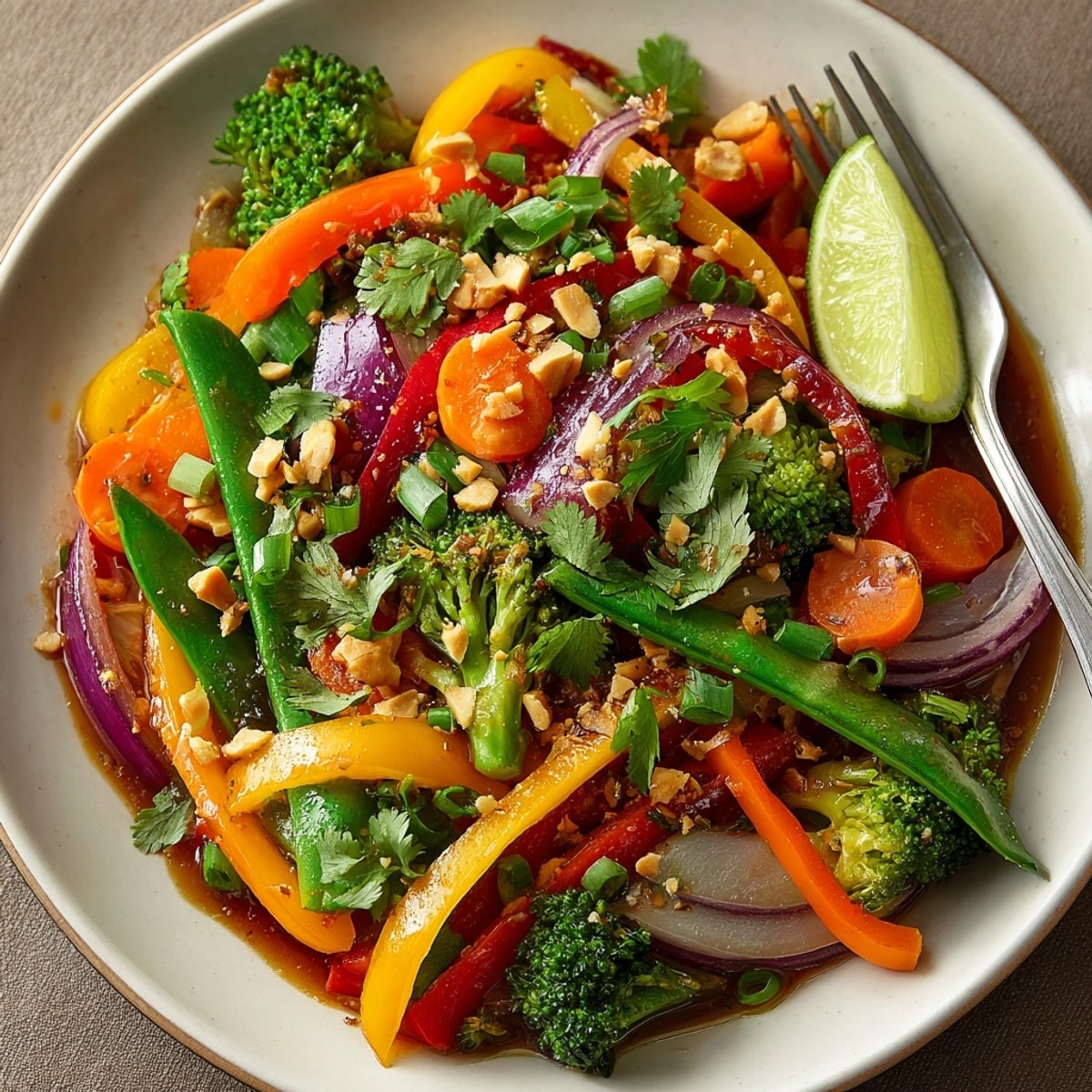 Thai Peanut Vegetable Stir-Fry in a wok, glistening with creamy peanut sauce and fresh herbs