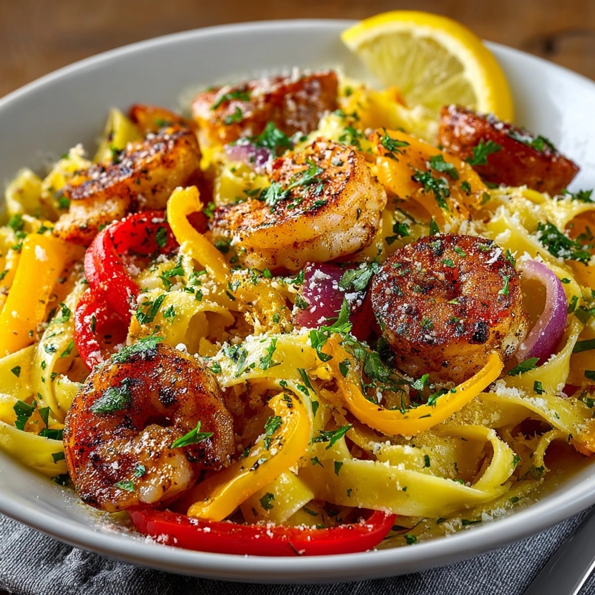Cajun Shrimp and Sausage Pasta served in a creamy sauce with vibrant peppers and parsley.