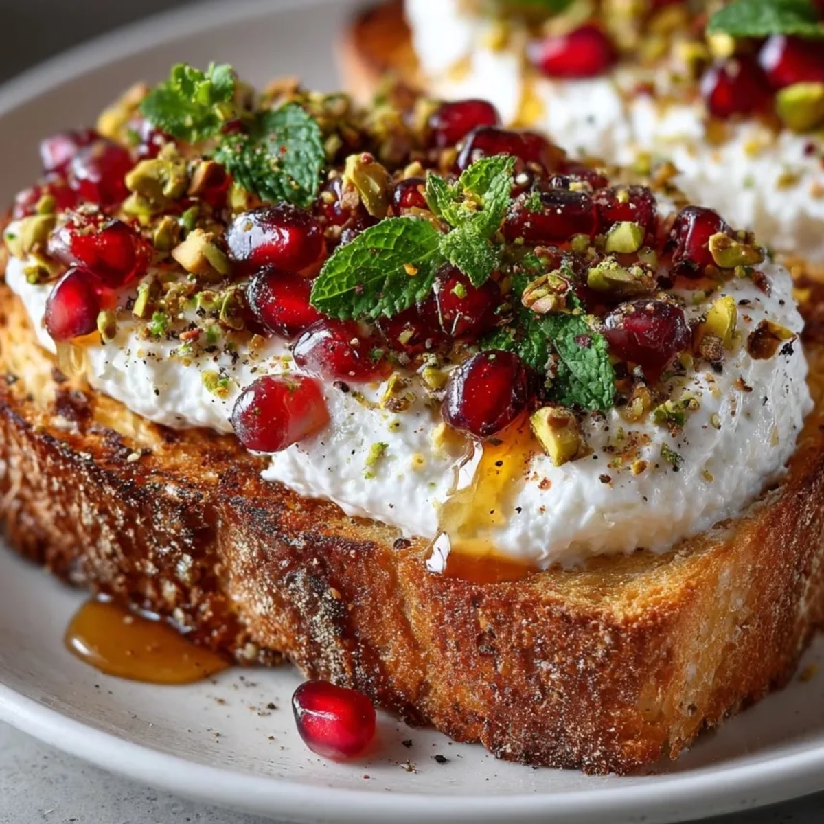 Pomegranate Pistachio Whipped Ricotta Toast on golden sourdough, drizzled with honey and fresh mint.