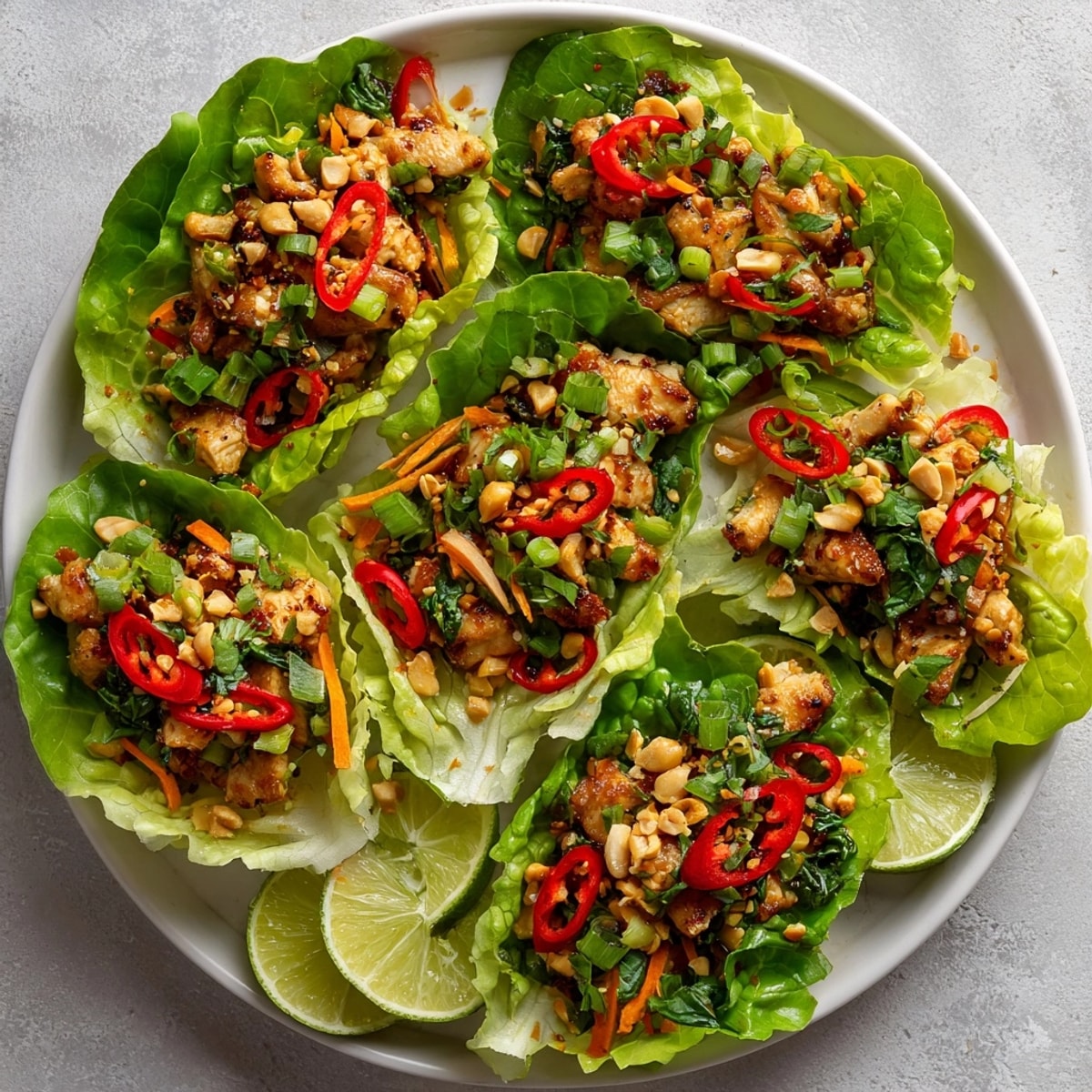 Closeup of Thai Basil Chicken Lettuce Wraps with Peanuts, topped with colorful carrots and roasted peanuts
