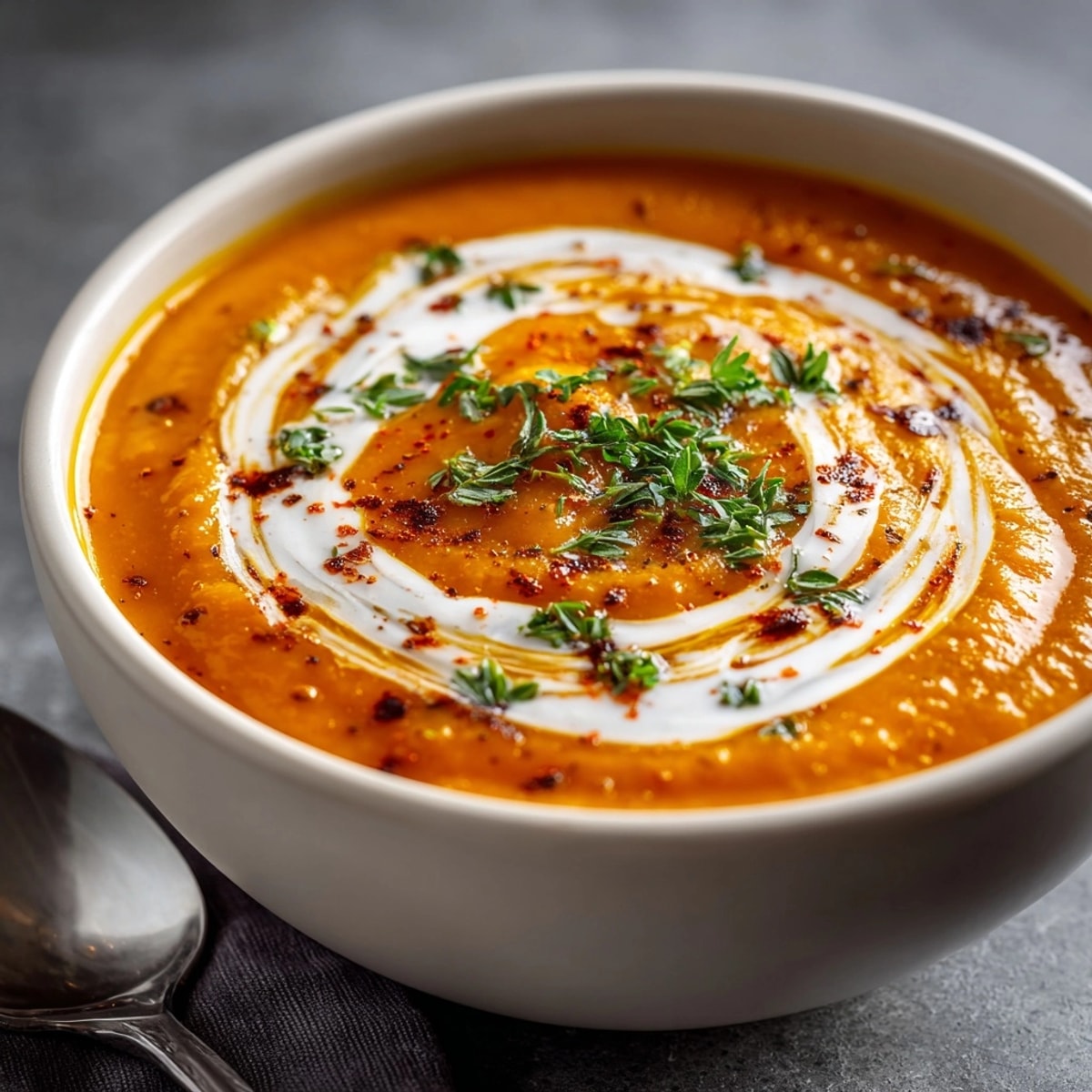 Creamy butternut squash soup served in a bowl, garnished with fresh herbs and cream swirl.