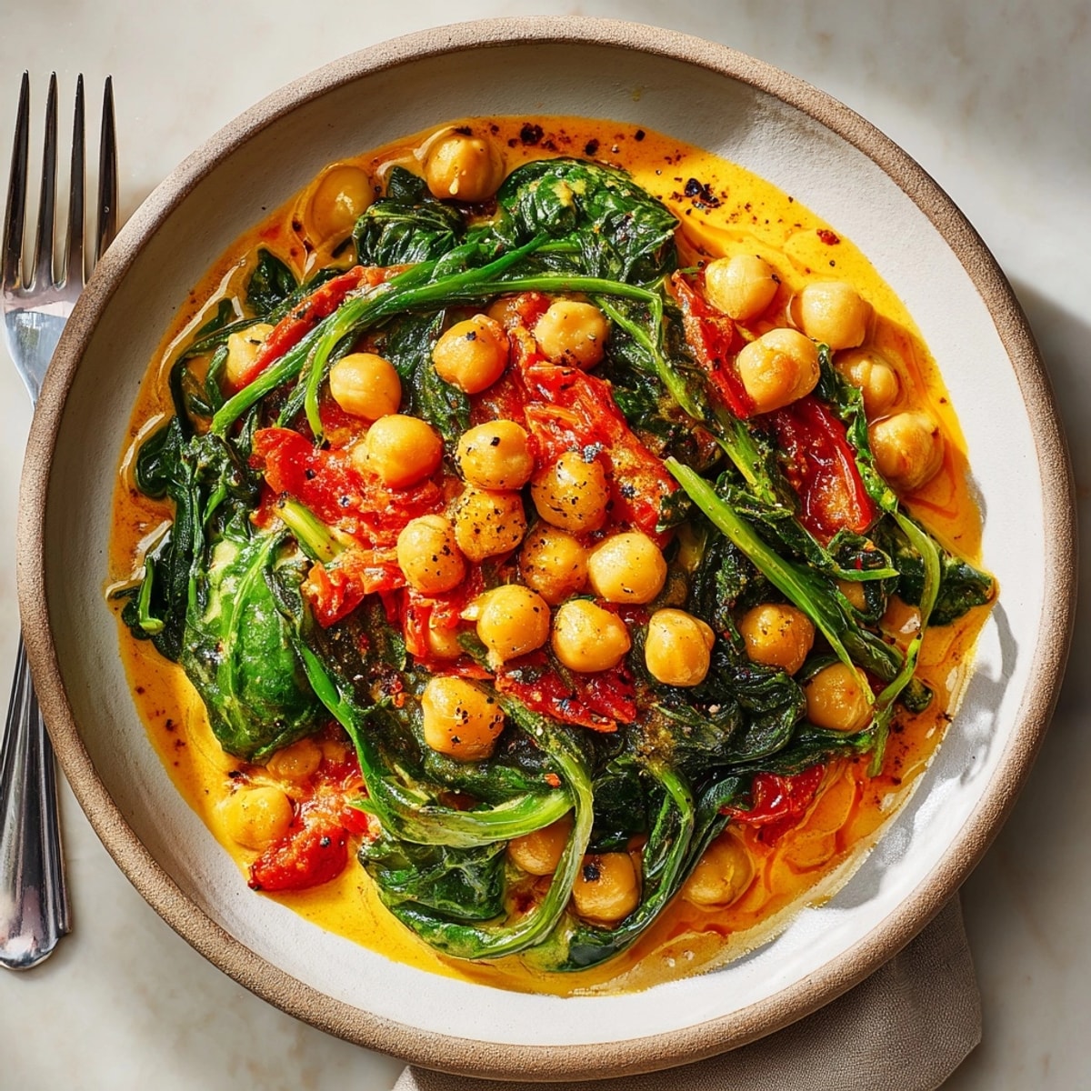 Vibrant chickpea and spinach curry in a bowl, showcasing tender greens and rich, aromatic sauce.