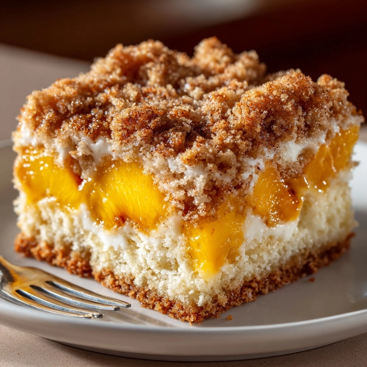Southern Peach Crumb Cake with golden cinnamon streusel and juicy peach slices, fresh from the oven