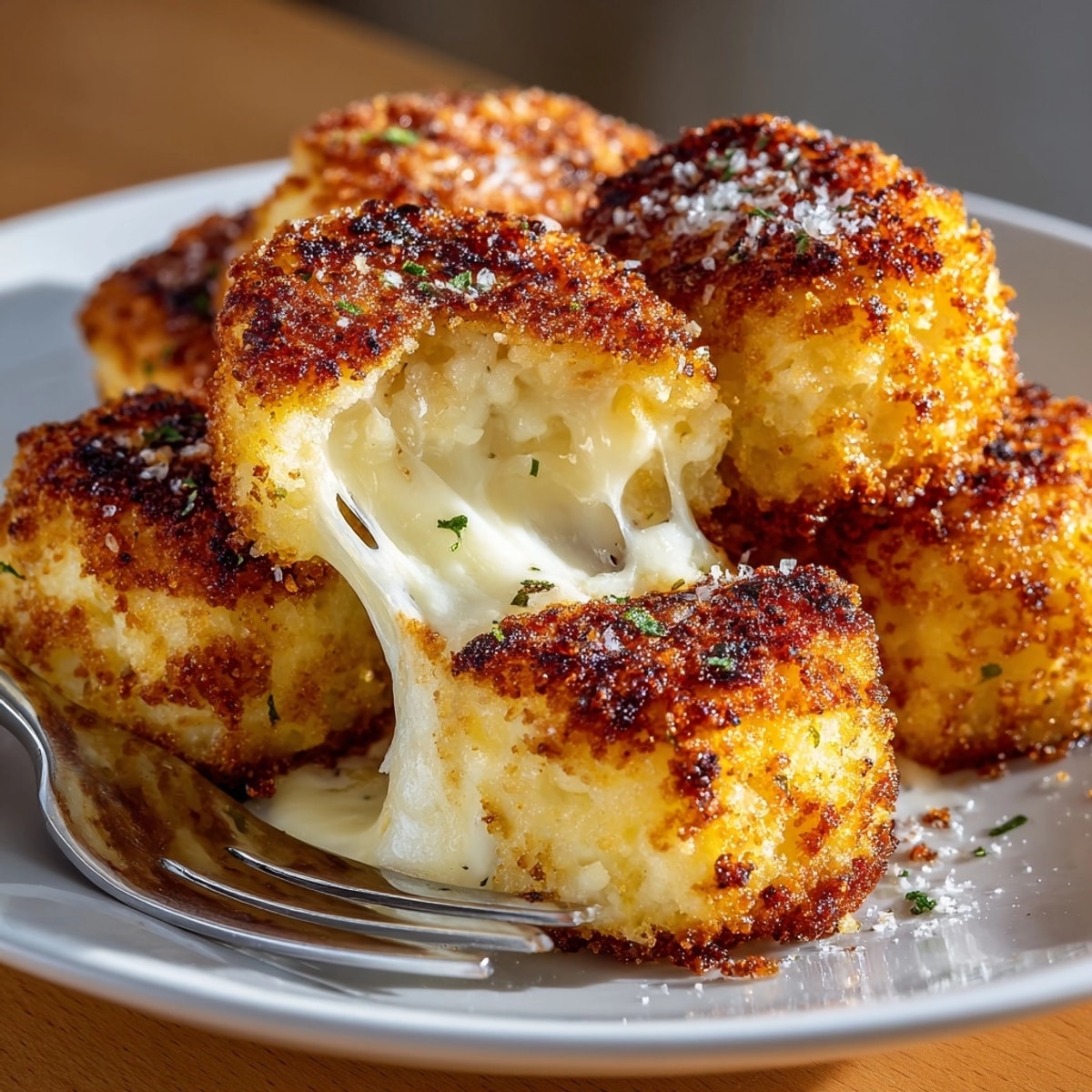 Mashed Potato Cheese Puffs stacked golden and crispy on a plate, perfect for snacking.