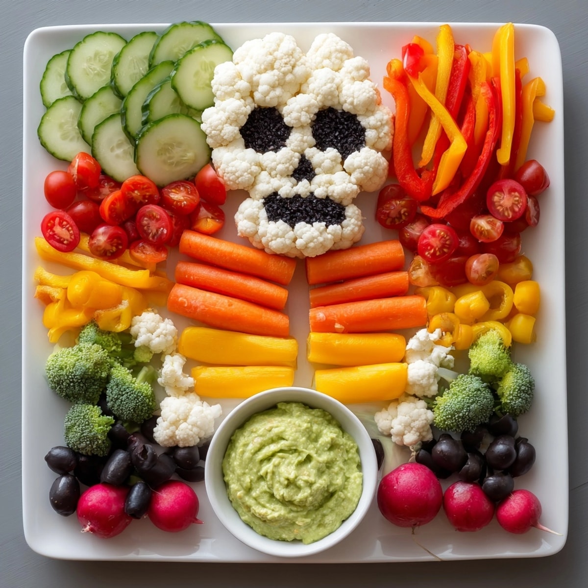 A vibrant Skeleton Veggie Platter with avocado dip, festive and fresh, ready to serve.