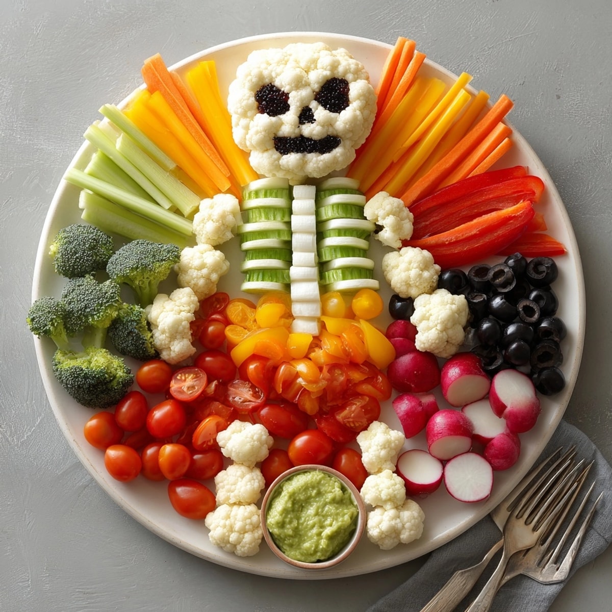 Creating a spooky Skeleton Veggie Platter; a fun, nutritious snack with homemade avocado dip.